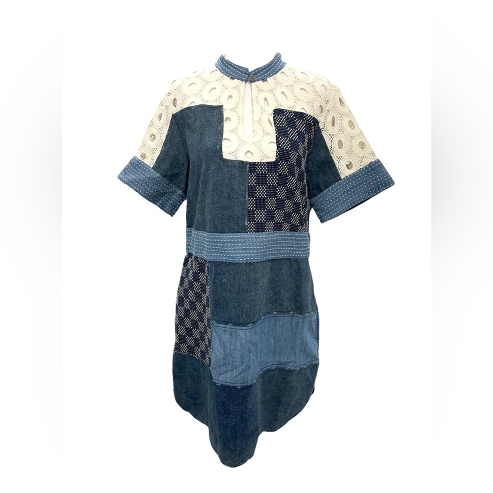 Sea New York Patchwork Cotton Denim And Lace Oversized Mock Neck Mini Dress sz 4 - Picture 4 of 11